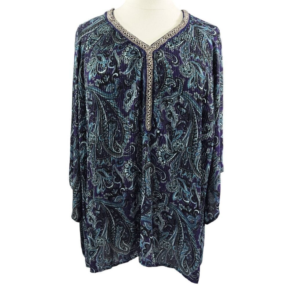 Catherines Purple Paisley Beaded Embellished Collar Flare Sleeve Blouse Boho